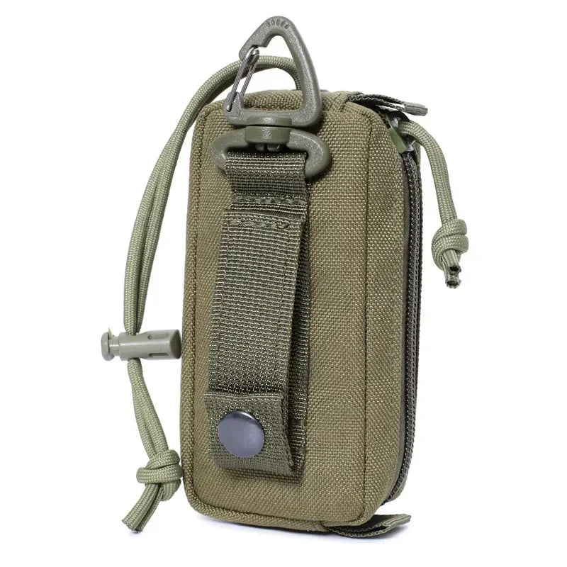 Mini tactical bag with MOLLE strap, carabiner attachment, and adjustable cord lock for secure carry