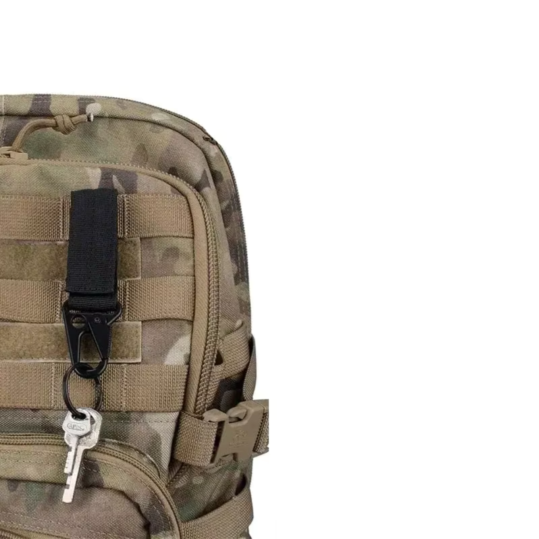 Close-up of Rovix tactical chest bag showing MOLLE webbing and carabiner clip for secure outdoor gear attachment