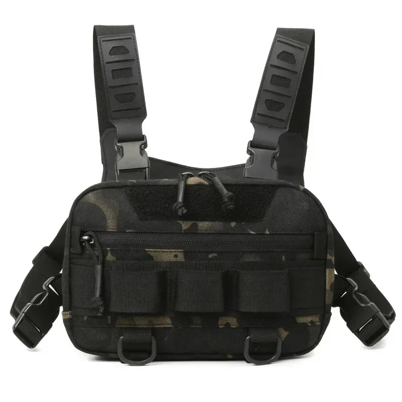 Front view of Rovix tactical EDC chest bag in black camo with compartments, D-rings, and adjustable straps for everyday carry.