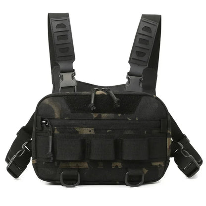 Front view of Rovix tactical EDC chest bag in black camo with compartments, D-rings, and adjustable straps for everyday carry.