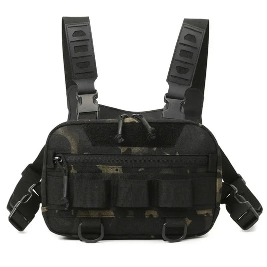 Front view of Rovix tactical EDC chest bag in black camo with compartments, D-rings, and adjustable straps for everyday carry.