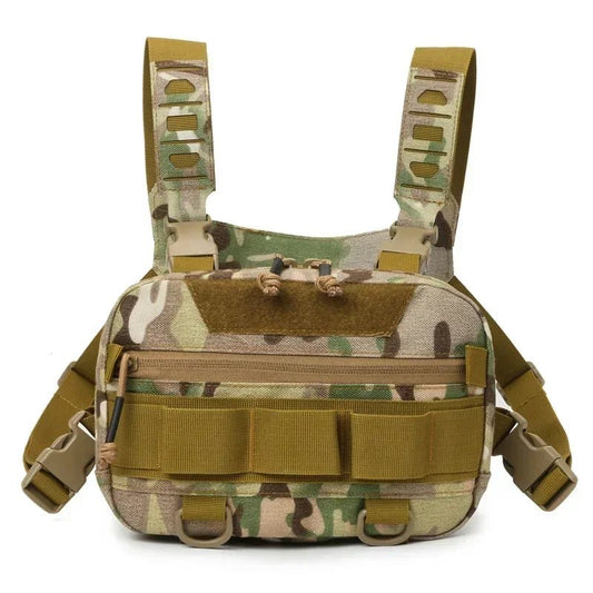 Front view of Rovix tactical EDC chest bag in desert camo with zip pocket, MOLLE webbing, and adjustable tan shoulder straps.