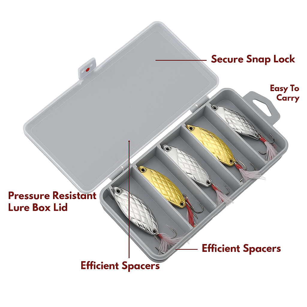 Fishing lure storage box with secure snap lock lid, pressure resistant design, and divided compartments for organized outdoor tackle