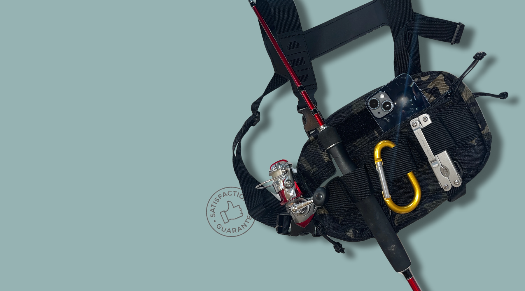 Tactical chest bag shown with fishing rod, multitool, carabiner, and phone to highlight versatile outdoor gear setup.